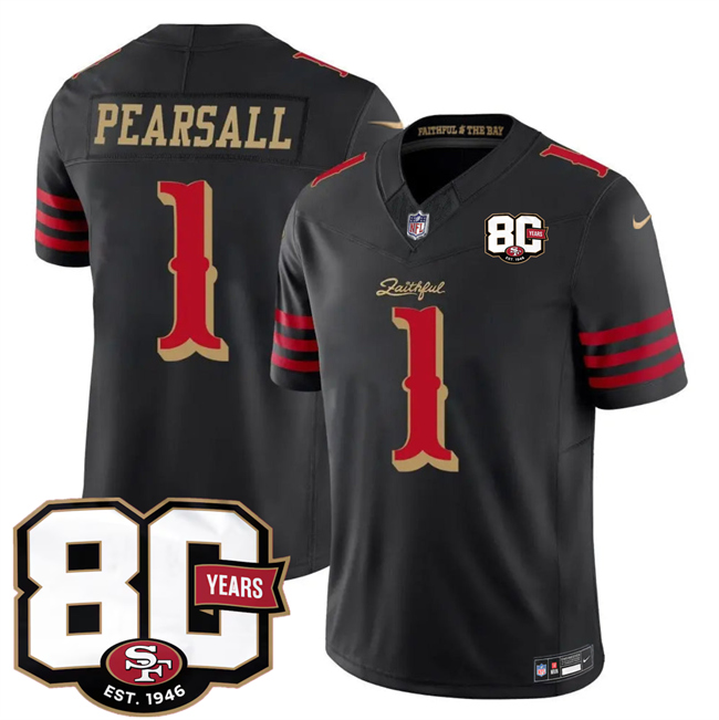 Men's Black San Francisco 49ers #1 Ricky Pearsall 80th Anniversary Patch “Rivalries” 2026 F.U.S.E. Vapor Untouchabl Limited Stitched Football Jersey